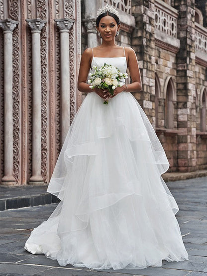A-Line/Princess Tulle Spaghetti Straps Sleeveless Ruffles Sweep/Brush Train Wedding Dresses