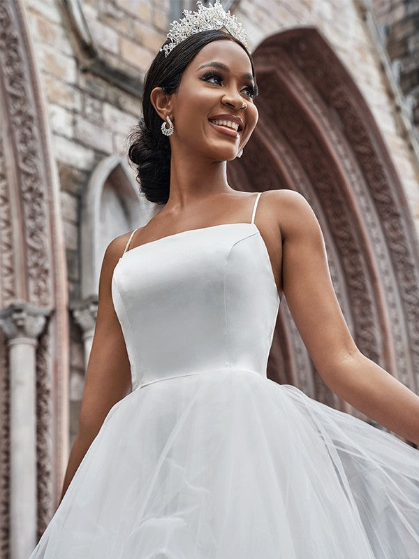 A-Line/Princess Tulle Spaghetti Straps Sleeveless Ruffles Sweep/Brush Train Wedding Dresses