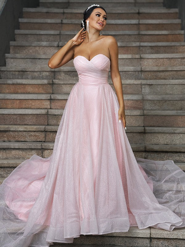 A-Line/Princess Satin Ruffles Sweetheart Sleeveless Sweep/Brush Train Wedding Dresses