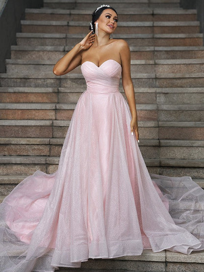 A-Line/Princess Satin Ruffles Sweetheart Sleeveless Sweep/Brush Train Wedding Dresses
