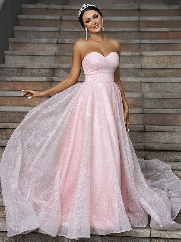 A-Line/Princess Satin Ruffles Sweetheart Sleeveless Sweep/Brush Train Wedding Dresses