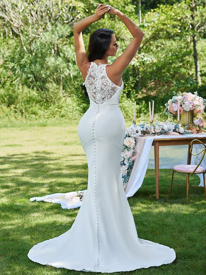 Sheath/Column Crepe Ruffles V-neck Sleeveless Sweep/Brush Train Wedding Dresses