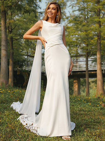 Sheath/Column NS Woven Satin Ruched Scoop Sleeveless Sweep/Brush Train Wedding Dresses