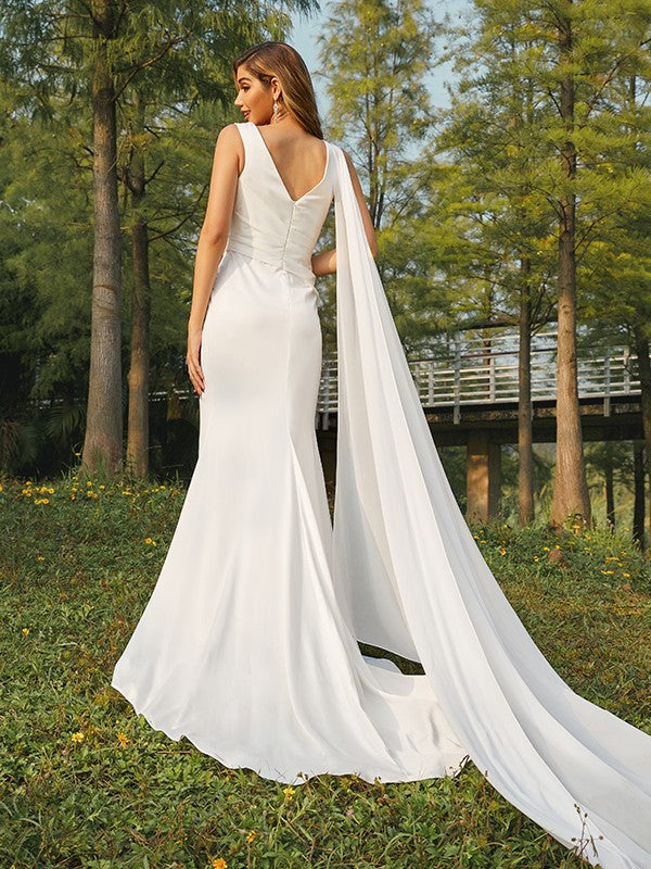 Sheath/Column NS Woven Satin Ruched Scoop Sleeveless Sweep/Brush Train Wedding Dresses