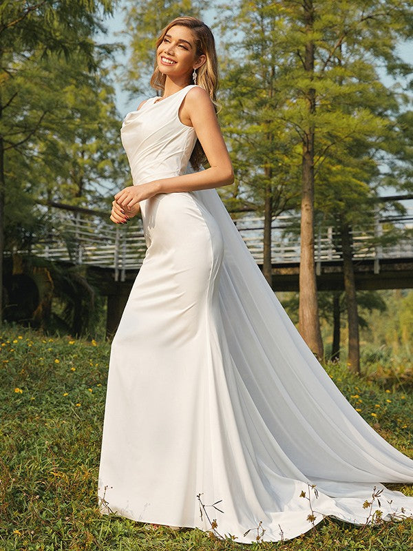 Sheath/Column NS Woven Satin Ruched Scoop Sleeveless Sweep/Brush Train Wedding Dresses