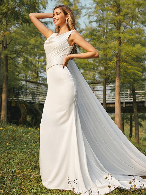 Sheath/Column NS Woven Satin Ruched Scoop Sleeveless Sweep/Brush Train Wedding Dresses