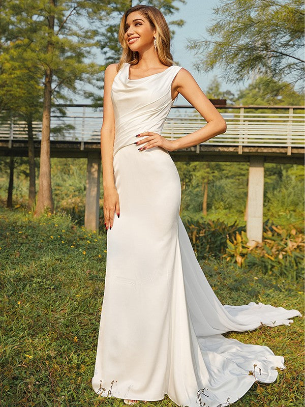Sheath/Column NS Woven Satin Ruched Scoop Sleeveless Sweep/Brush Train Wedding Dresses