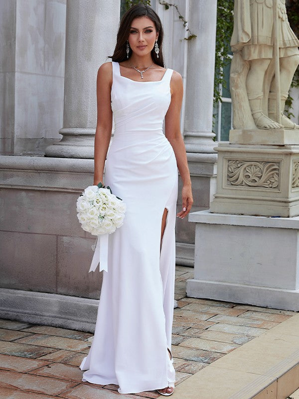 Sheath/Column Crepe Ruched Straps Sleeveless Sweep/Brush Train Wedding Dresses