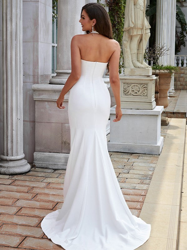 Sheath/Column Crepe Ruched Halter Sleeveless Sweep/Brush Train Wedding Dresses