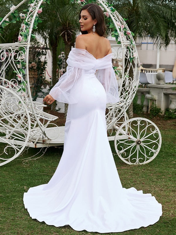 Sheath/Column Crepe Ruched Off-the-Shoulder Long Sleeves Sweep/Brush Train Wedding Dresses