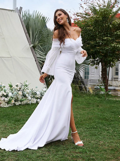 Sheath/Column Crepe Ruched Off-the-Shoulder Long Sleeves Sweep/Brush Train Wedding Dresses