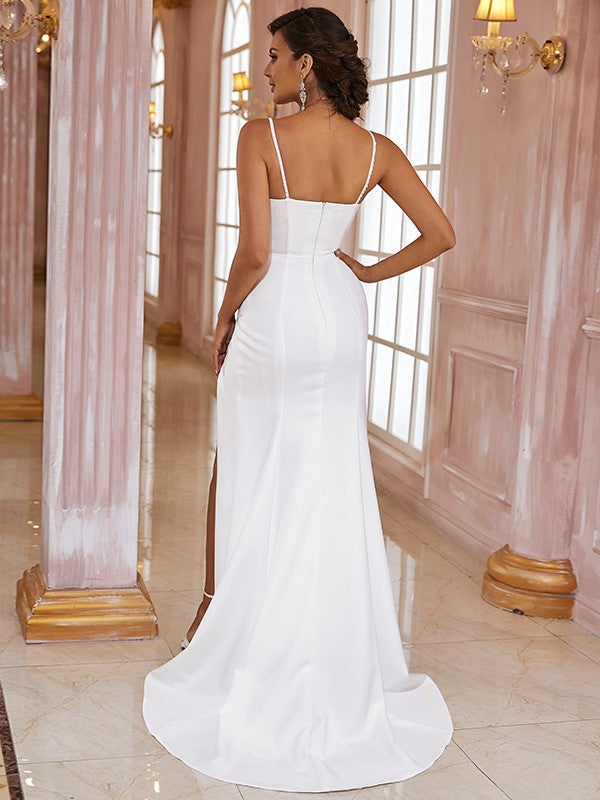 Sheath/Column Crepe Ruched Spaghetti Straps Sleeveless Sweep/Brush Train Wedding Dresses