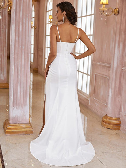 Sheath/Column Crepe Ruched Spaghetti Straps Sleeveless Sweep/Brush Train Wedding Dresses