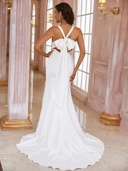 Sheath/Column Crepe Bowknot V-neck Sleeveless Sweep/Brush Train Wedding Dresses