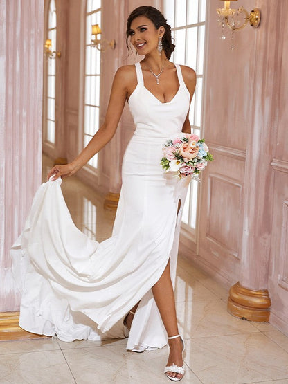 Sheath/Column Crepe Bowknot V-neck Sleeveless Sweep/Brush Train Wedding Dresses