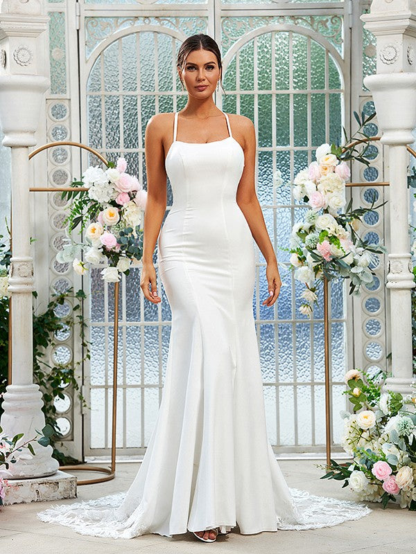 Sheath/Column Crepe Lace Spaghetti Straps Sleeveless Sweep/Brush Train Wedding Dresses