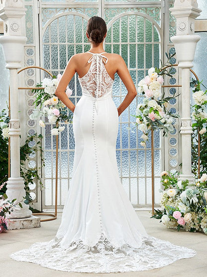 Sheath/Column Crepe Lace Spaghetti Straps Sleeveless Sweep/Brush Train Wedding Dresses