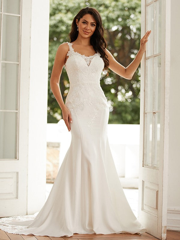 Sheath/Column Crepe Lace Straps Sleeveless Court Train Wedding Dresses