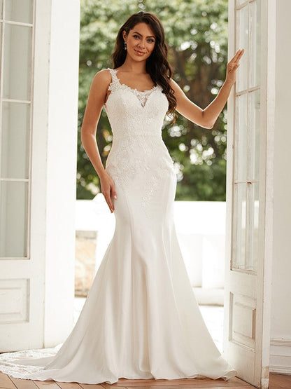 Sheath/Column Crepe Lace Straps Sleeveless Court Train Wedding Dresses