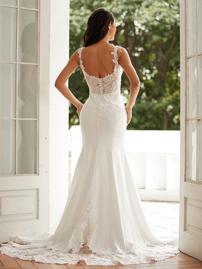 Sheath/Column Crepe Lace Straps Sleeveless Court Train Wedding Dresses