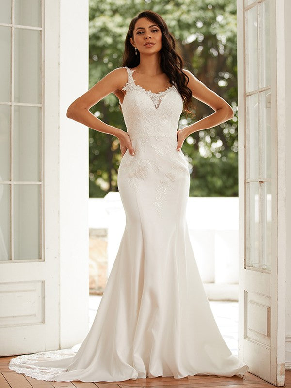 Sheath/Column Crepe Lace Straps Sleeveless Court Train Wedding Dresses