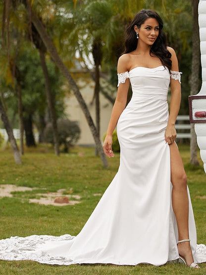 Sheath/Column Crepe Lace Off-the-Shoulder Sleeveless Cathedral Train Wedding Dresses