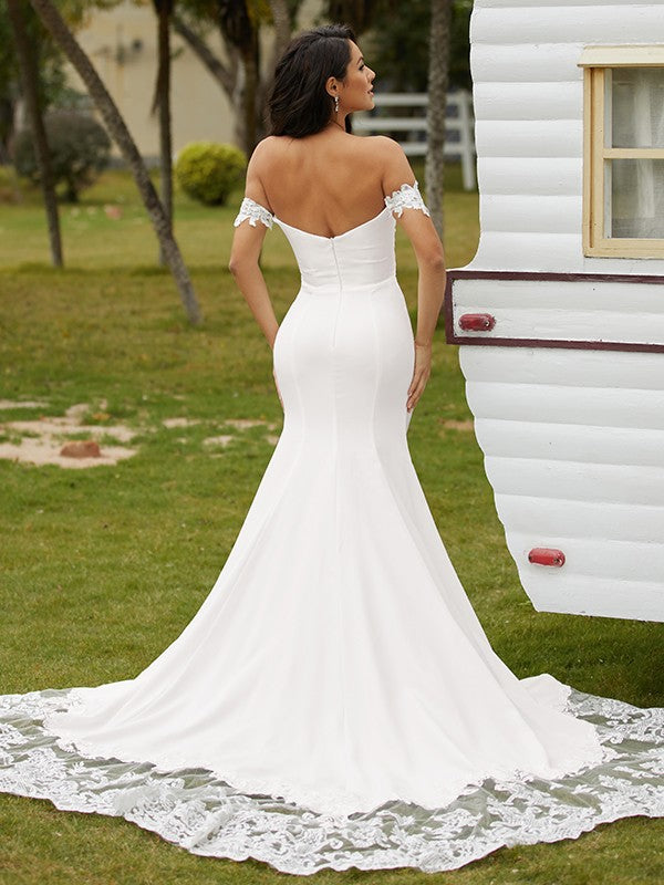 Sheath/Column Crepe Lace Off-the-Shoulder Sleeveless Cathedral Train Wedding Dresses