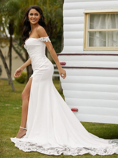Sheath/Column Crepe Lace Off-the-Shoulder Sleeveless Cathedral Train Wedding Dresses