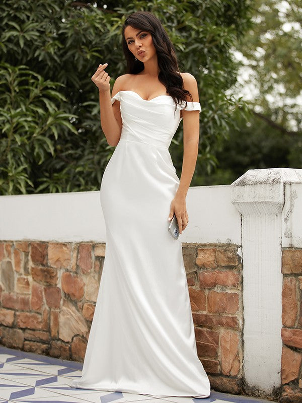 Sheath/Column Woven Satin Ruched Off-the-Shoulder Sleeveless Sweep/Brush Train Wedding Dresses