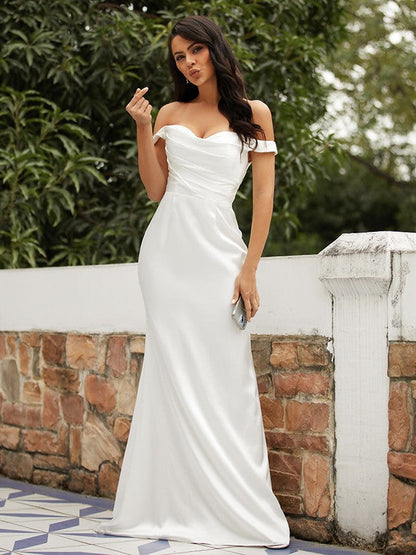 Sheath/Column Woven Satin Ruched Off-the-Shoulder Sleeveless Sweep/Brush Train Wedding Dresses