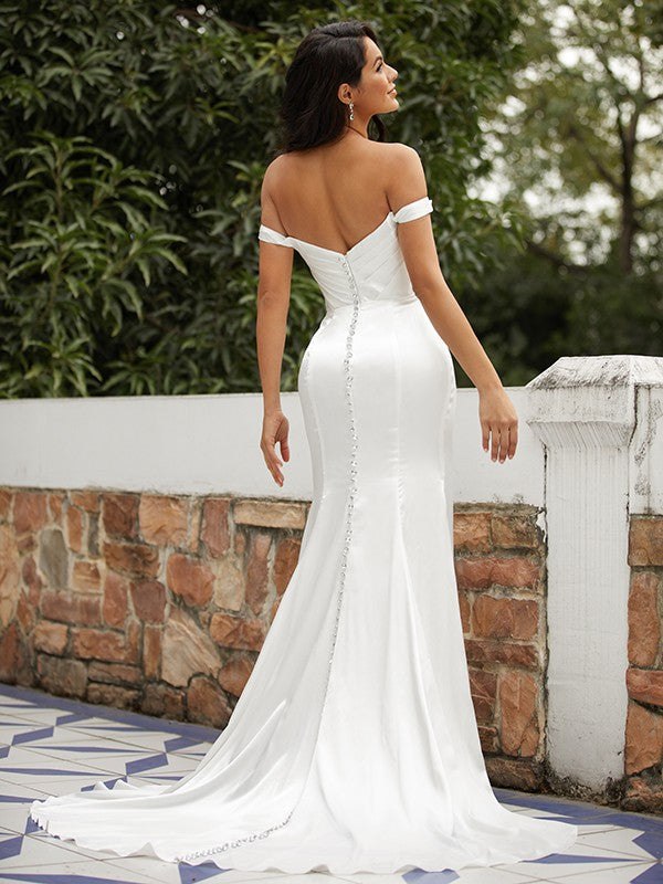Sheath/Column Woven Satin Ruched Off-the-Shoulder Sleeveless Sweep/Brush Train Wedding Dresses