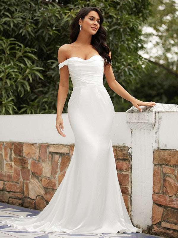 Sheath/Column Woven Satin Ruched Off-the-Shoulder Sleeveless Sweep/Brush Train Wedding Dresses