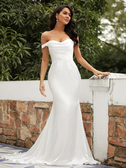 Sheath/Column Woven Satin Ruched Off-the-Shoulder Sleeveless Sweep/Brush Train Wedding Dresses