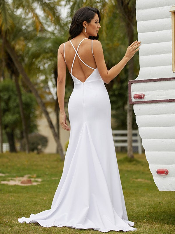Sheath/Column Crepe Ruched V-neck Sleeveless Sweep/Brush Train Wedding Dresses