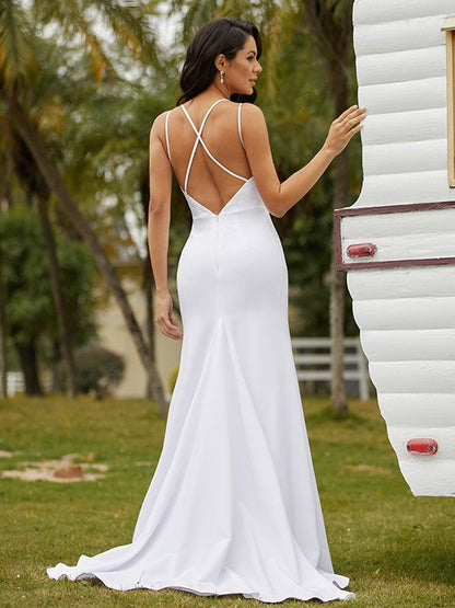 Sheath/Column Crepe Ruched V-neck Sleeveless Sweep/Brush Train Wedding Dresses