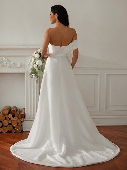 A-Line/Princess Chiffon Lace Scoop Long Sleeves Cathedral Train Wedding Dresses