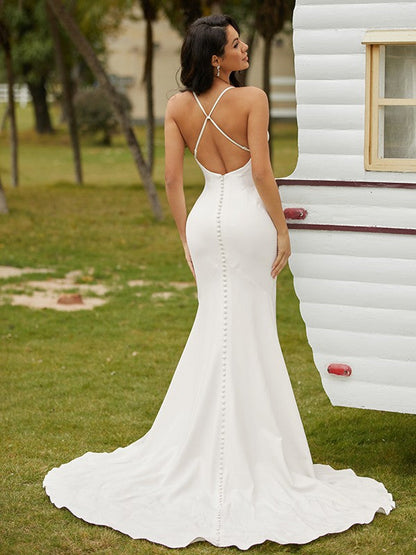 Sheath/Column Crepe Ruched Spaghetti Straps Sleeveless Court Train Wedding Dresses