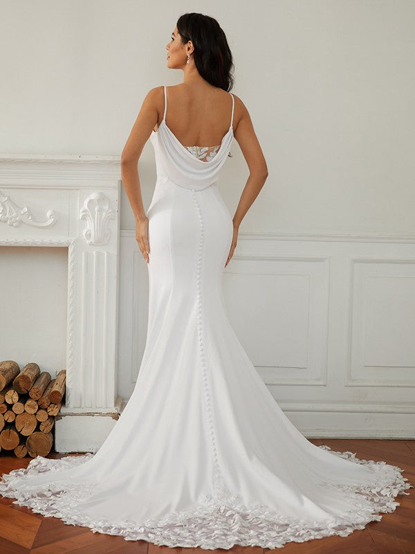 Sheath/Column Crepe Lace V-neck Sleeveless Court Train Wedding Dresses