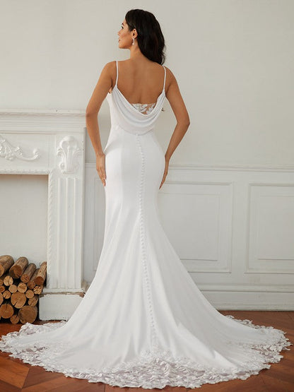 Sheath/Column Crepe Lace V-neck Sleeveless Court Train Wedding Dresses