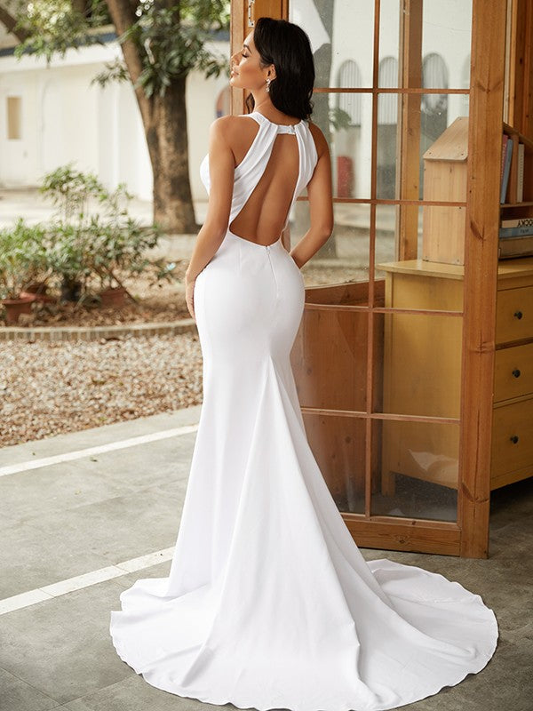 Sheath/Column Crepe Ruched Scoop Sleeveless Sweep/Brush Train Wedding Dresses