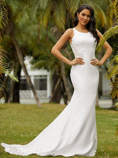 Sheath/Column Crepe Lace Scoop Sleeveless Sweep/Brush Train Wedding Dresses