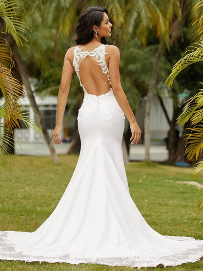 Sheath/Column Crepe Lace Scoop Sleeveless Sweep/Brush Train Wedding Dresses