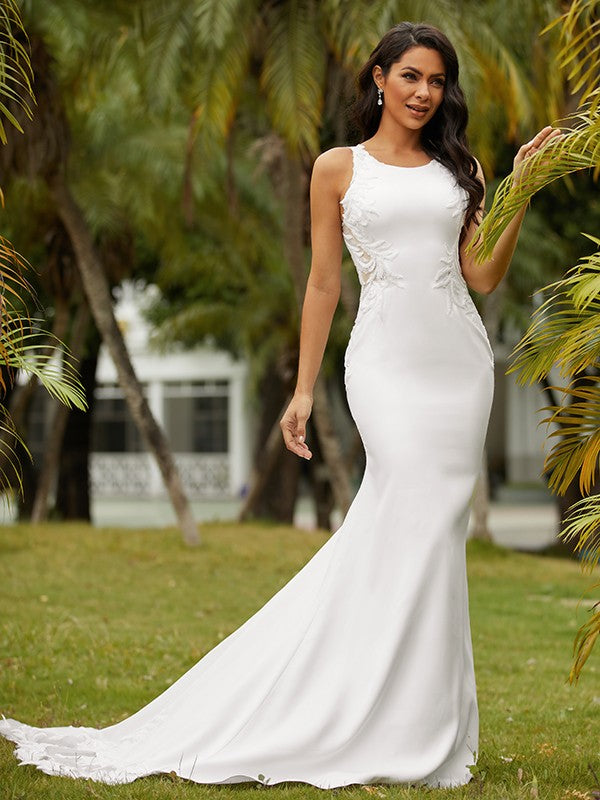 Sheath/Column Crepe Lace Scoop Sleeveless Sweep/Brush Train Wedding Dresses