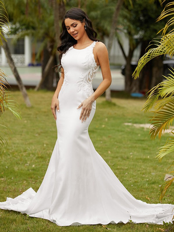 Sheath/Column Crepe Lace Scoop Sleeveless Sweep/Brush Train Wedding Dresses