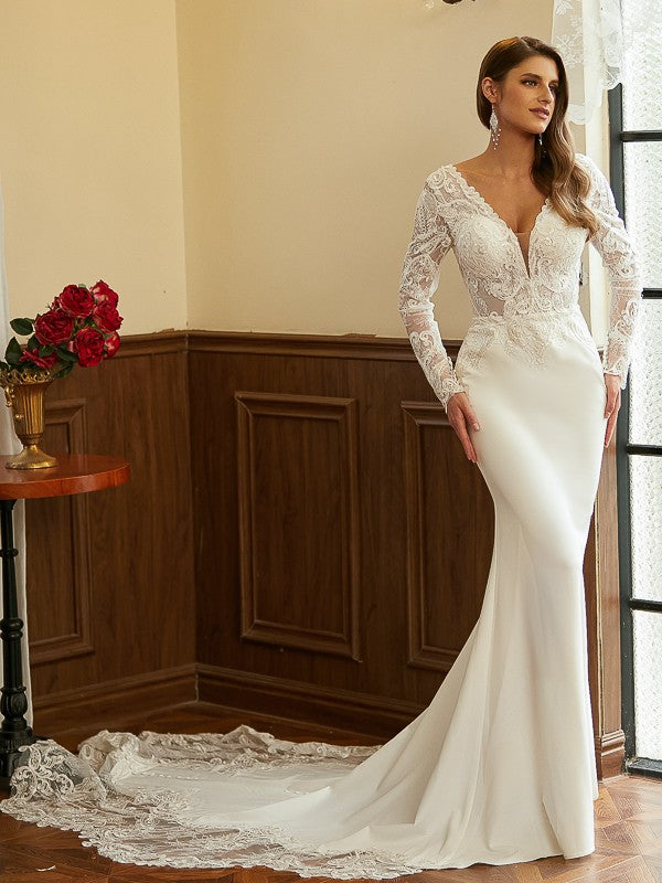 Sheath/Column Crepe Lace V-neck Long Sleeves Cathedral Train Wedding Dresses