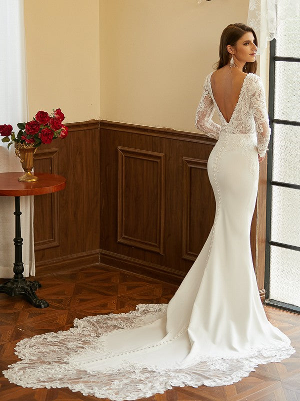 Sheath/Column Crepe Lace V-neck Long Sleeves Cathedral Train Wedding Dresses