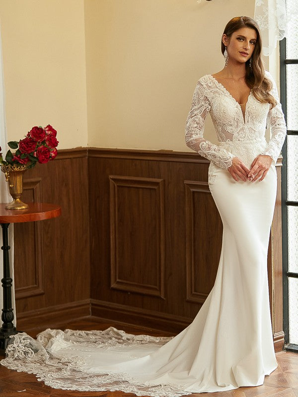 Sheath/Column Crepe Lace V-neck Long Sleeves Cathedral Train Wedding Dresses