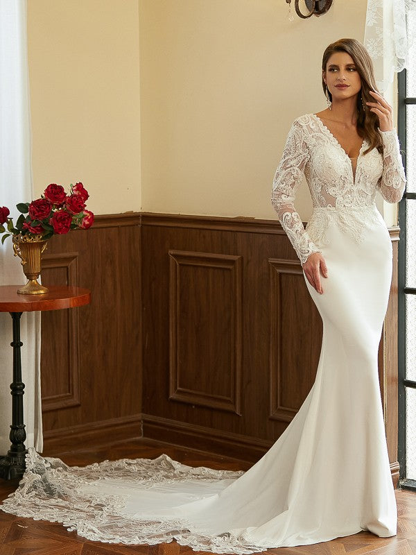 Sheath/Column Crepe Lace V-neck Long Sleeves Cathedral Train Wedding Dresses