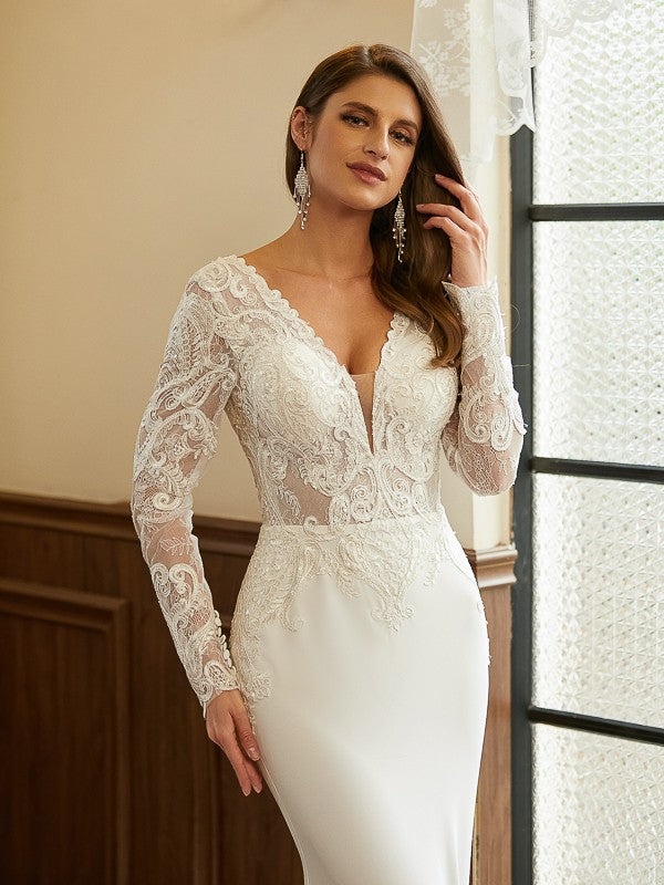 Sheath/Column Crepe Lace V-neck Long Sleeves Cathedral Train Wedding Dresses