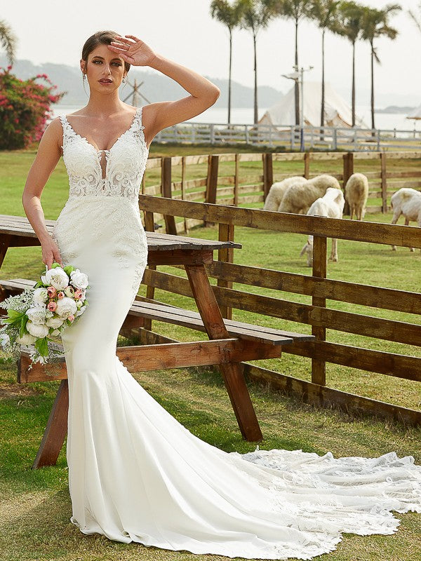 Sheath/Column Crepe Lace V-neck Sleeveless Cathedral Train Wedding Dresses